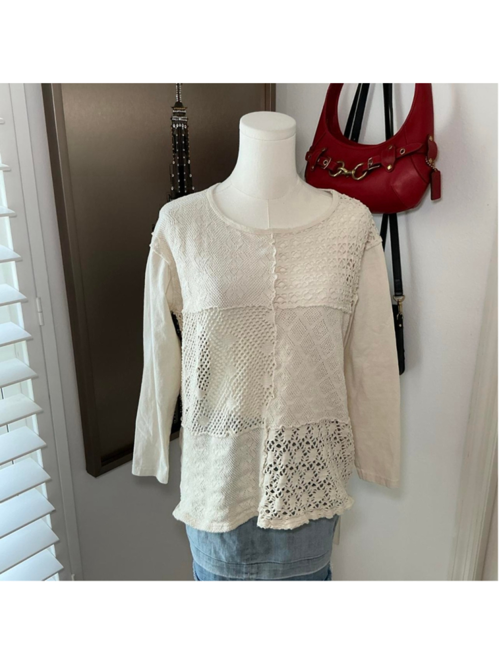 BE Designs Cream Patchwork Crochet Knit Long Sleeve Top Size Medium